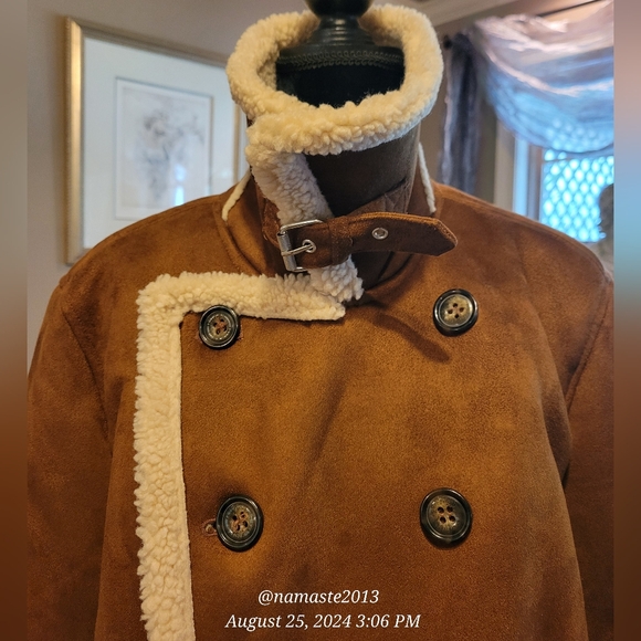 Guess Mens Double-Breasted Faux Shearling Long Coat Faux Suede Faux Fur #678 - Picture 7 of 16